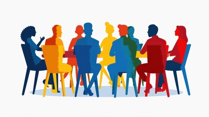 A modern flat illustration depicting the concept of online meetings, showcasing people engaged in a virtual discussion.