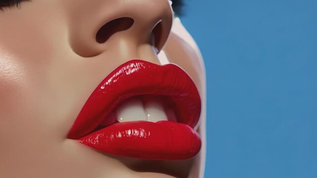 Close-up of a pair of glossy red lips slightly parted, exuding a sense of sensuality and allure. The image highlights the vibrant color and smooth texture, capturing the essence of beauty and desire.