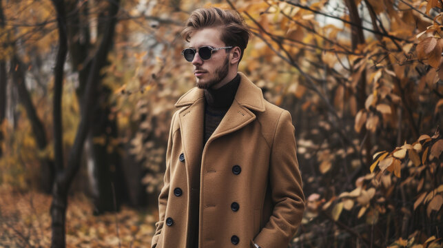 A man in a stylish overcoat and sunglasses stands amidst an autumn forest, exuding confidence and contemporary elegance.