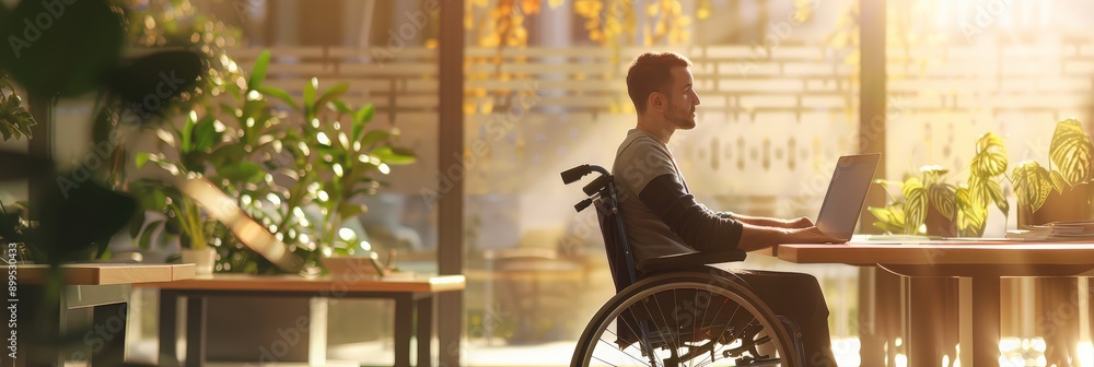 Poster man in a wheelchair working on a laptop in a sunlit modern office. emphasizes workplace inclusion an
