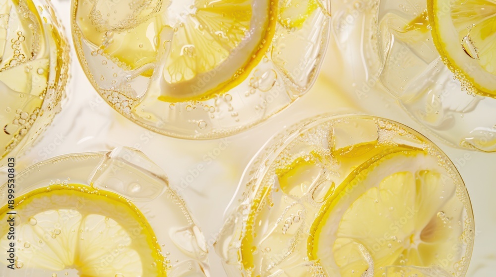Poster cold lemonade with ice cubes and lemon slices in glasses on the table