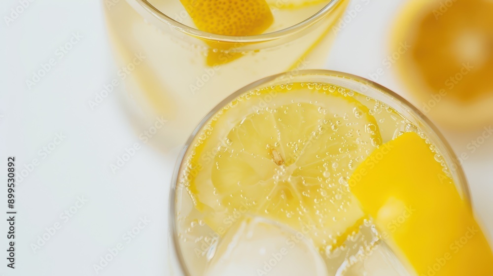 Poster two glasses of fizzy lemonade are placed on a table alongside ice cubes and lemon slices