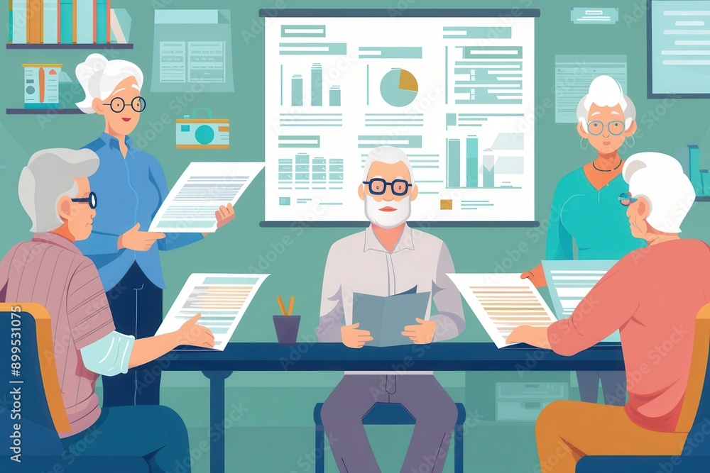 Poster a group of elderly individuals hold documents and discuss various topics in a well-lit office, empha