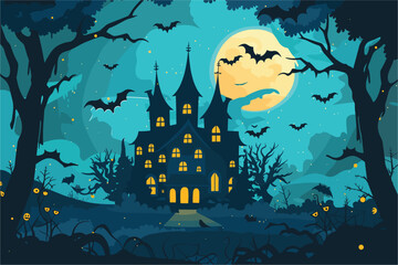 Halloween background with castle. Halloween scary house in the woods. Halloween background with castle house. Halloween background with haunted house and full moon, Vector illustration