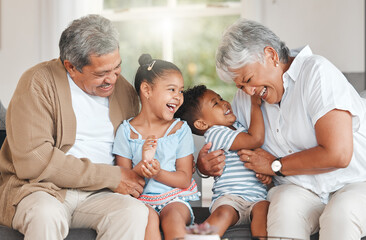 Senior people, playing and living room with grandchildren, positive and fun with tickle, retirement...