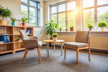 Fototapeta premium A warm and inviting school office setting with an empty chair, awaiting a student's return, conveying a sense of safe and supportive mental health discussions.