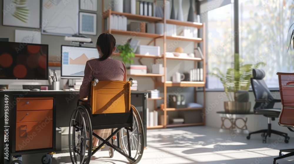 Poster Back view of a woman in a wheelchair working on a computer in a home office. Highlighting remote work and accessibility.