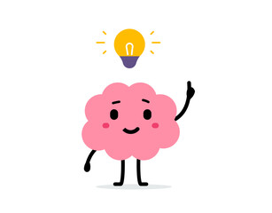 Vector cartoon illustration of cute happy brain think creative idea on white color background. Flat doodle style design of smile brain character with yellow light bulb