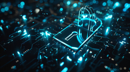 A glowing digital padlock symbolizing cybersecurity dominates an abstract matrix of circuits, casting vibrant blue light across a futuristic technological landscape.