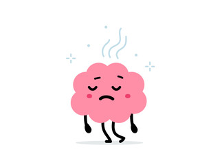 Vector cartoon illustration of cute unhappy overwork brain character on white color background. Flat doodle style design of burnout and tired brain need rest