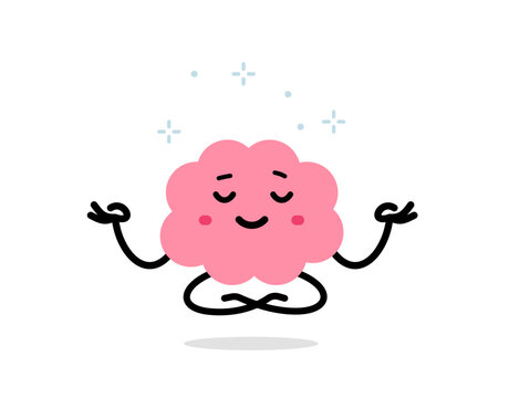 Vector cartoon meditation illustration of cute calm brain character in lotus yoga pose on white color background. Flat doodle style design of smile relax brain