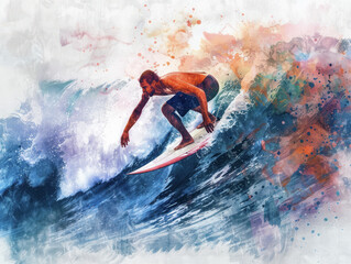 Surfer Riding a Wave in Watercolor Painting