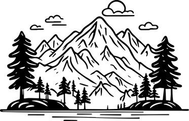 Mountain river in the forest concept hand drawn illustration