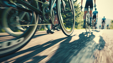 Naklejka premium Cyclists ride in a close-packed group down a sunlit road, their motion blur capturing the speed and energy of the race.