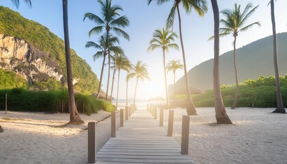 Fototapeta premium Tropical Retreat A palm-fringed pathway leading to a hidden beach cove, bathed in golden sunlight.