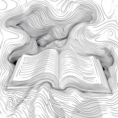 An open book rests centrally against backdrop of swirling lines that create wave-like effect. Flowing patterns enhance sense of depth and movement, suggesting dynamic nature of knowledge. 