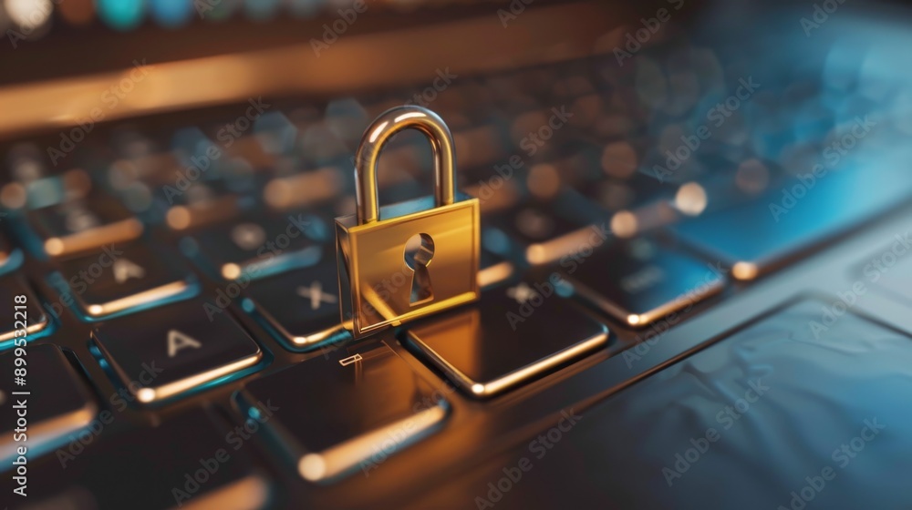 Poster close-up of a padlock and key on a laptop keyboard, symbolizing data protection