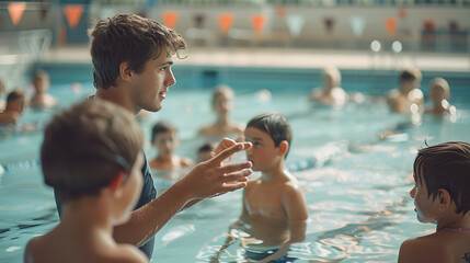 Swimming instructor stands in crowded indoor pool, enthusiastically engaging with diverse group of students. Students listen attentively, ready to learn and practice their swimming skills - Powered by Adobe