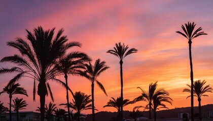 Sun-kissed Silhouettes Silhouettes of palm trees against a vibrant orange and pink sky at dusk.