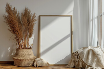 Vertical frame mockup standing on wooden floor in living room interior with dried pampas grass
