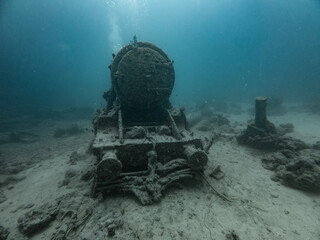 Sunken Stanier Steam Locomotive near the Wreck of the SS Thistlegorm in the Red Sea in Egypt