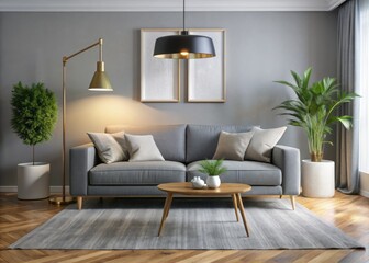 Stunning contemporary living room with a gray couch and floor light