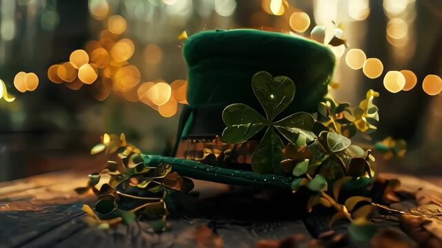 St. Patrick's Day hat lying on the ground, green with a shamrock design, symbolizing the Irish holiday celebration