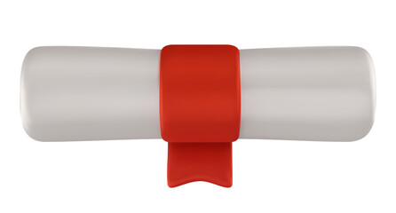 Diploma scroll with red ribbon. Vector 3d illustration. Education document, certificate or license in cartoon cute style.
