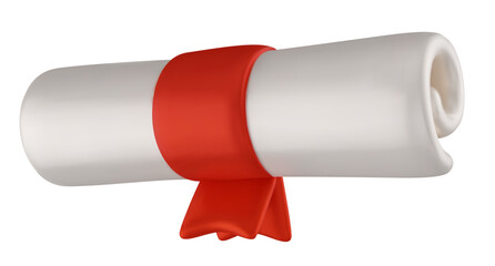Diploma scroll with red ribbon. Vector 3d illustration. Education document, certificate or license in cartoon cute style.
