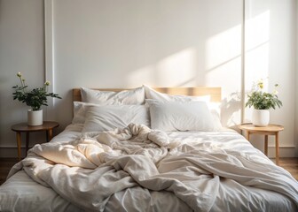 Cozy unmade bed with rumpled sheets and plush pillows against a serene white headboard in a peaceful and minimalist bedroom with soft morning light.