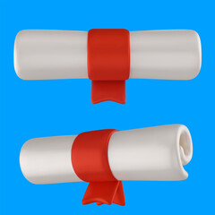 Diploma scroll with red ribbon. Vector 3d illustration. Education document, certificate or license in cartoon cute style.
