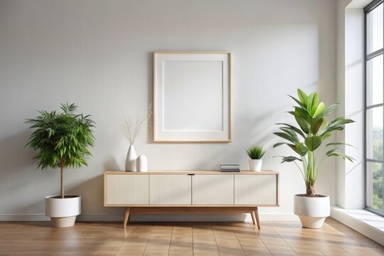 Minimalist white living room featuring a blank poster frame on a wall, paired with a wooden sideboard and a small green potted plant, perfect for customization.