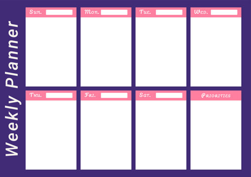 Weekly personal planner with white space for a schedule by day of the week, priorities. Horizontal A4 page