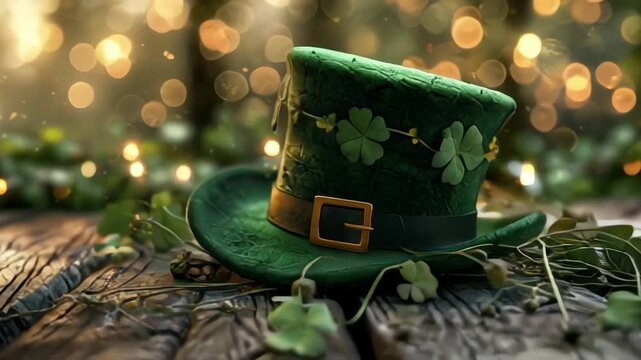 St. Patrick's Day hat lying on the ground, green with a shamrock design, symbolizing the Irish holiday celebration