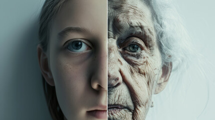 Obraz premium A juxtaposition of youth and old age, showing half of a young girl’s face merged with an elderly woman’s, capturing the essence of life’s progression.