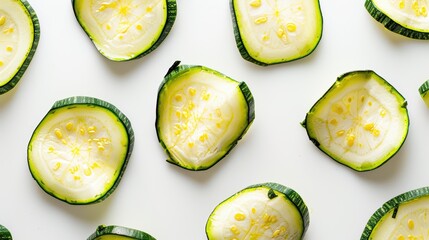 Pattern of fresh zucchini slices on a white background