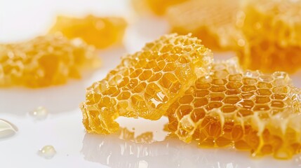 Close up of honeycomb pieces dripping with fresh honey on white background reflecting the golden color