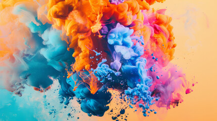 A vibrant explosion of colorful inks blending in water, creating a mesmerizing abstract pattern with rich oranges, blues, and pinks.