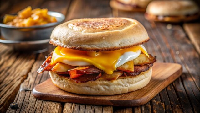 Freshly toasted English muffin filled with crispy smoked bacon, fried egg, and melted cheddar cheese, served on a rustic wooden breakfast table setting. - Powered by Adobe