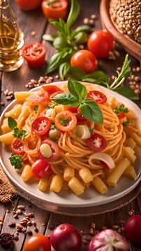 Spicy pasta as spirali with tomato sauce and cheese, healthy Italian delicious meal in plate. Vertical.