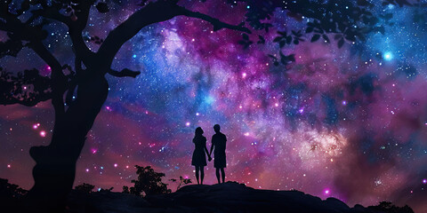 Ethereal Embrace Under the Stars: A couple standing beneath a canopy of stars, holding hands as they say their final goodbyes.