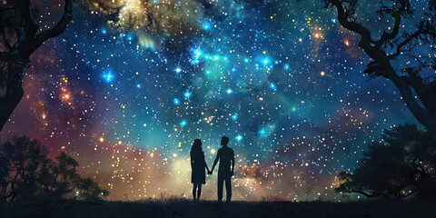 Naklejka premium Ethereal Embrace Under the Stars: A couple standing beneath a canopy of stars, holding hands as they say their final goodbyes.
