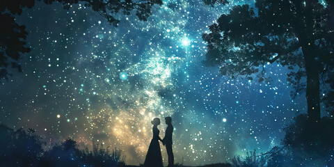 Ethereal Embrace Under the Stars: A couple standing beneath a canopy of stars, holding hands as they say their final goodbyes.