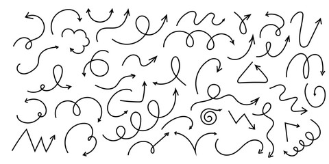 Spiral arrow doodle, wavy twist minimal squiggly line set. Curve comic turn way direction. Playful quirky simple free hand elements. 