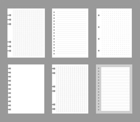 Set of notebook sheets isolated on gray background. Realistic white blanks of checkered, lined and dots paper. Different vertical pages from diary. Vector template.