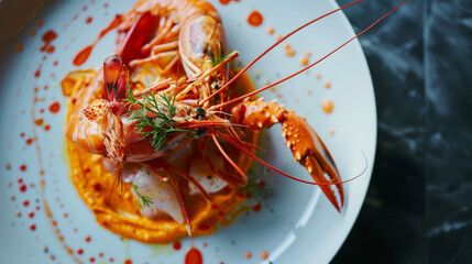 A close-up, artistic shot of a gourmet shrimp dish beautifully plated with garnish and a vibrant orange sauce on a white porcelain plate.