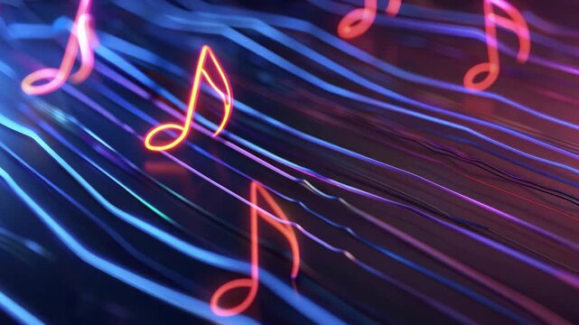 Neon 3D music notes spiraling in space, 3D background music, vibrant and energetic