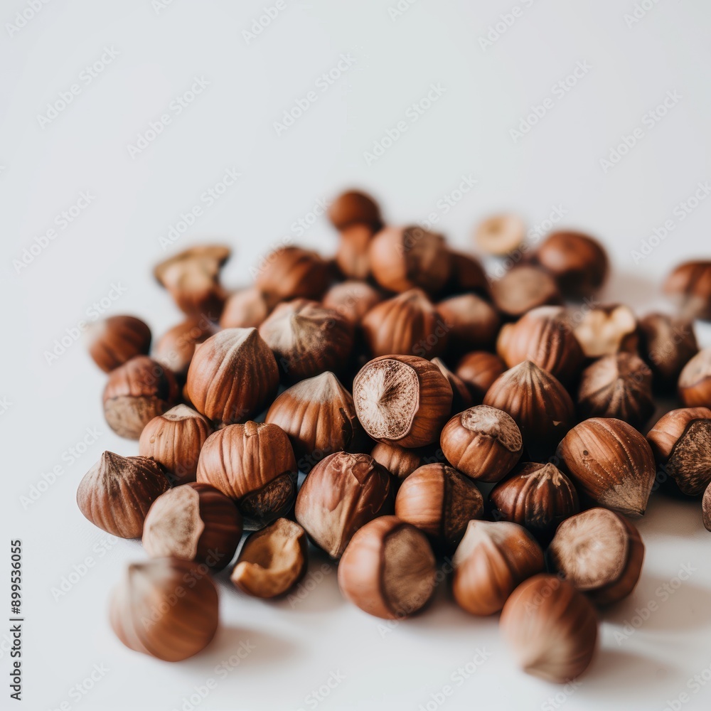 Aufkleber pile of unshelled hazelnuts rests on a white surface, creating a delicious display