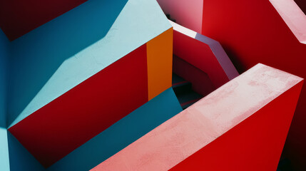 Abstract geometric shapes in bold red, blue, and yellow create vivid shadows and angles, forming a visually striking and dynamic composition.