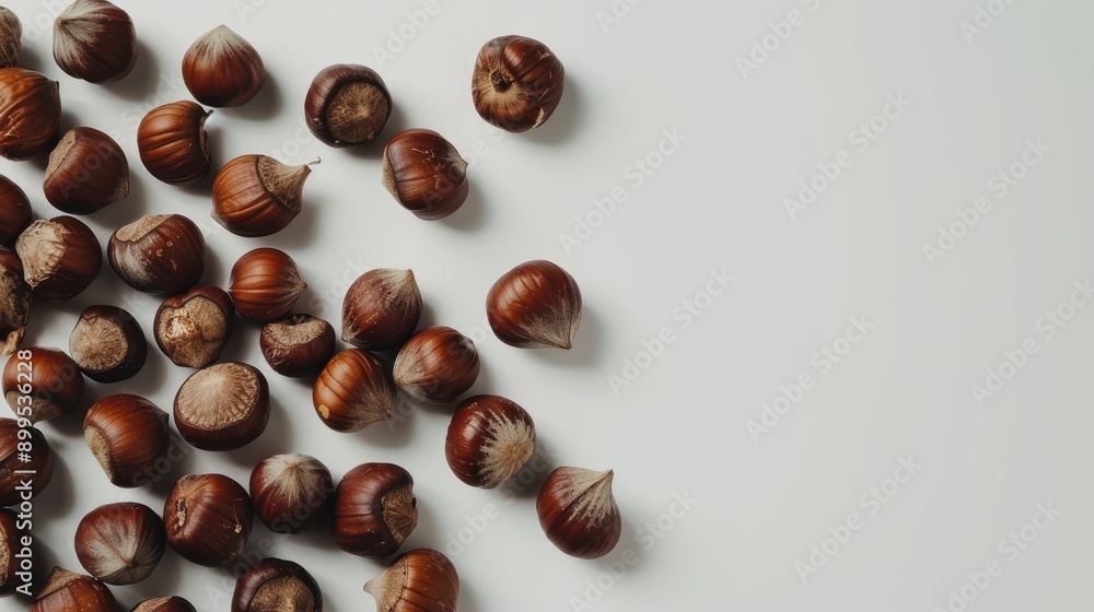 Poster hazelnuts scattered on a white backdrop, forming a textured arrangement with room for text or design